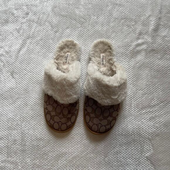 COACH FUR-LINED MONOGRAM SLIPPERS - Picture 2 of 5